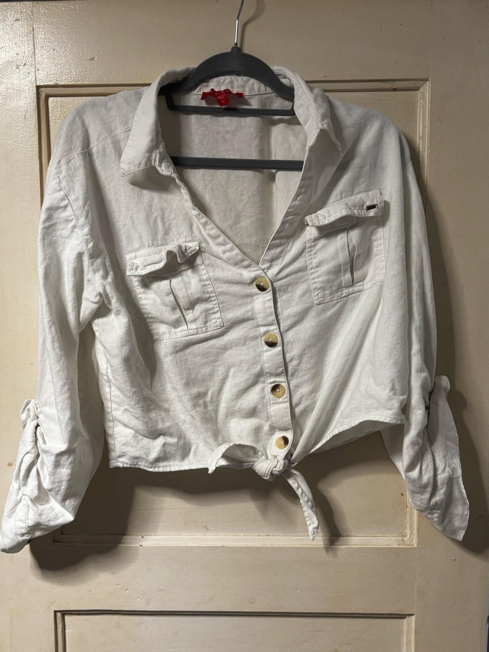 G by Guess White Button-Front Tie Waist Shirt